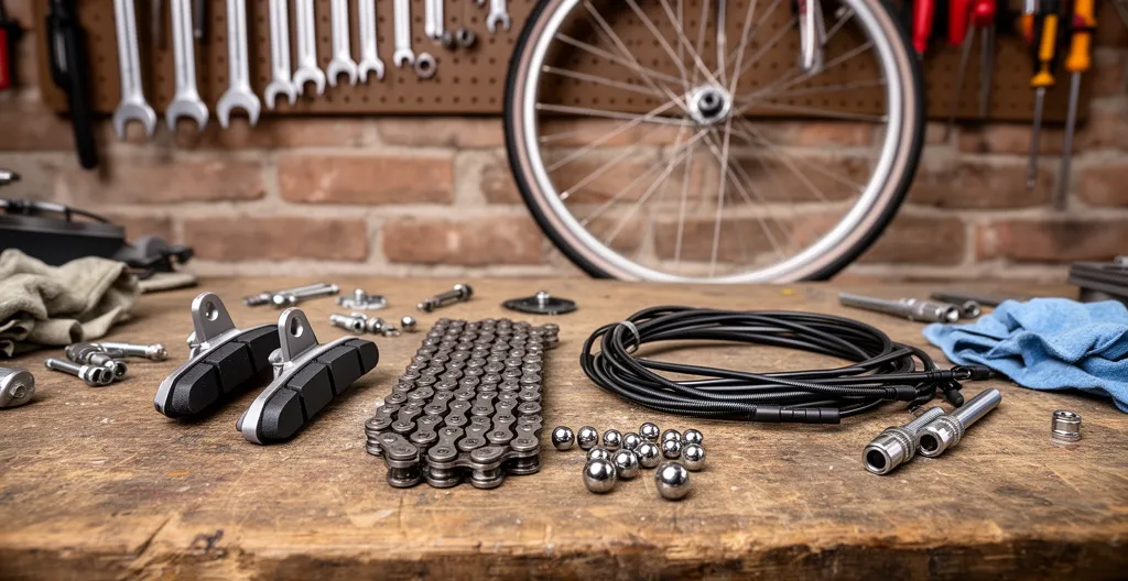Assortiment de pièces mécaniques vélo disposées sur un établi en bois