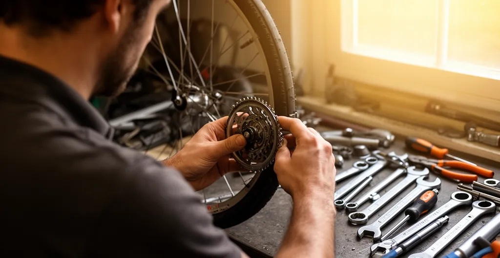 Personne examinant un composant de roue de vélo dans un atelier