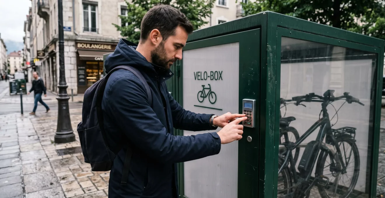 Consigne vélo individuelle fermée sécurisée en métal avec porte vitrée et clavier à code, usager composant le code d'accès, vélo électrique visible à l'intérieur, contexte urbain français