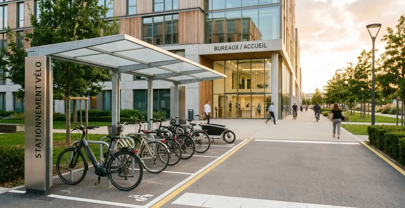 Zone de stationnement vélo couverte devant entrée d'entreprise, marquage au sol et signalétique visible, arceaux métalliques avec plusieurs vélos stationnés, proximité immédiate de l'entrée du bâtiment, lumière de fin de journée, contexte urbain français
